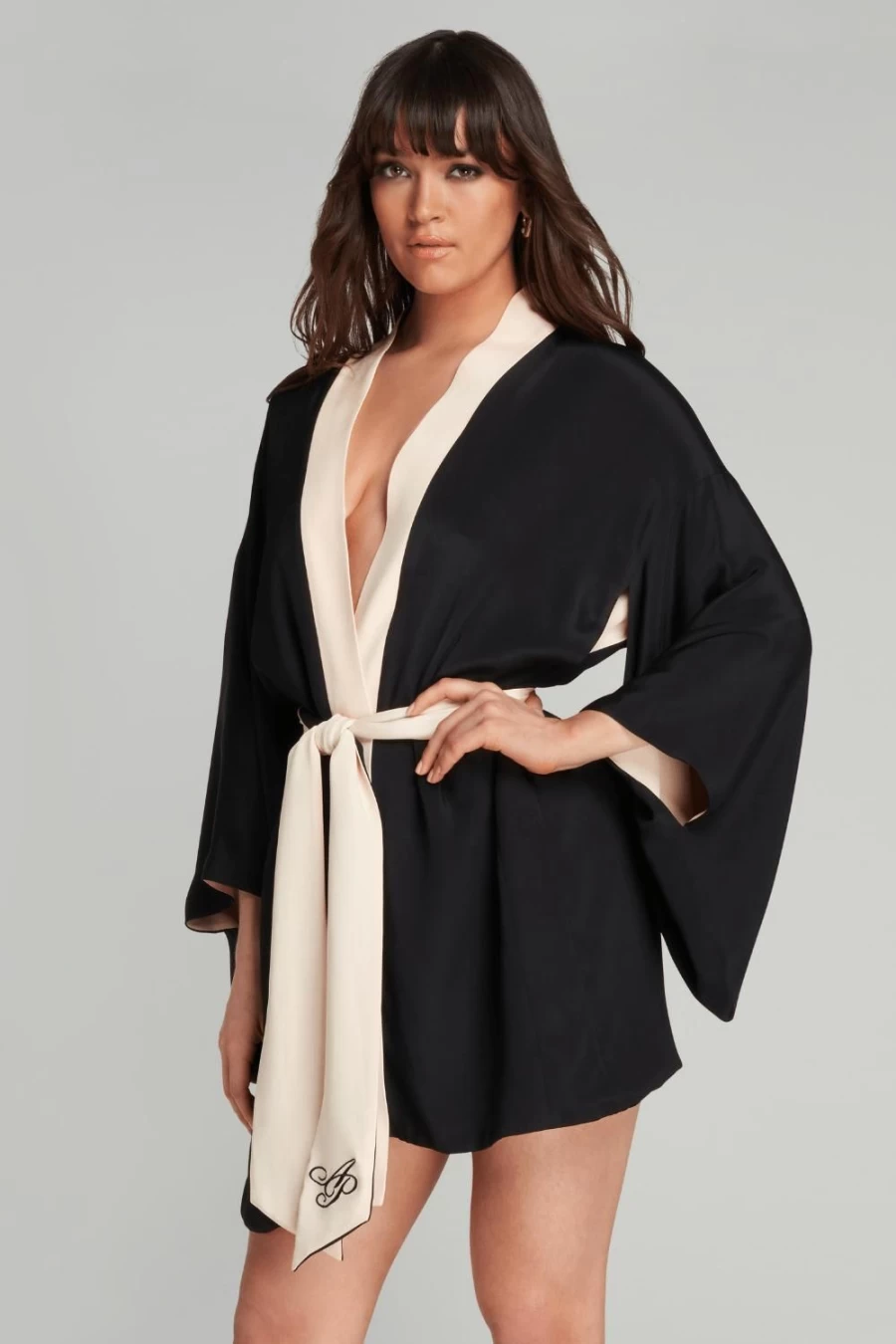 Agent Provocateur Black Pink Silk Kimono Robe - Women's Size M-L (UK 14-18) Luxury Lingerie Cover Up