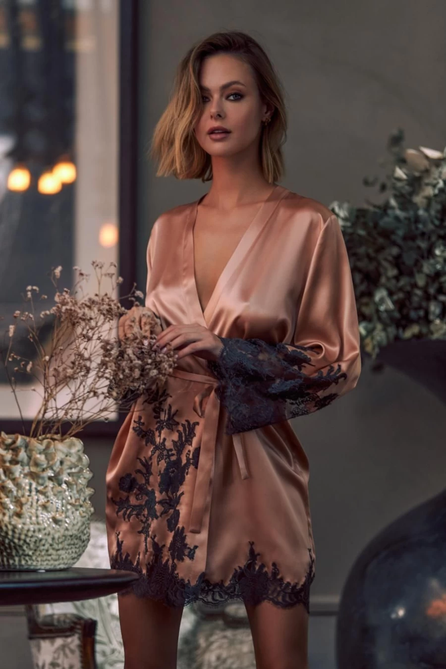 Marjolaine Boudoir Slate Phenix Short Robe - Luxurious Loungewear for Women