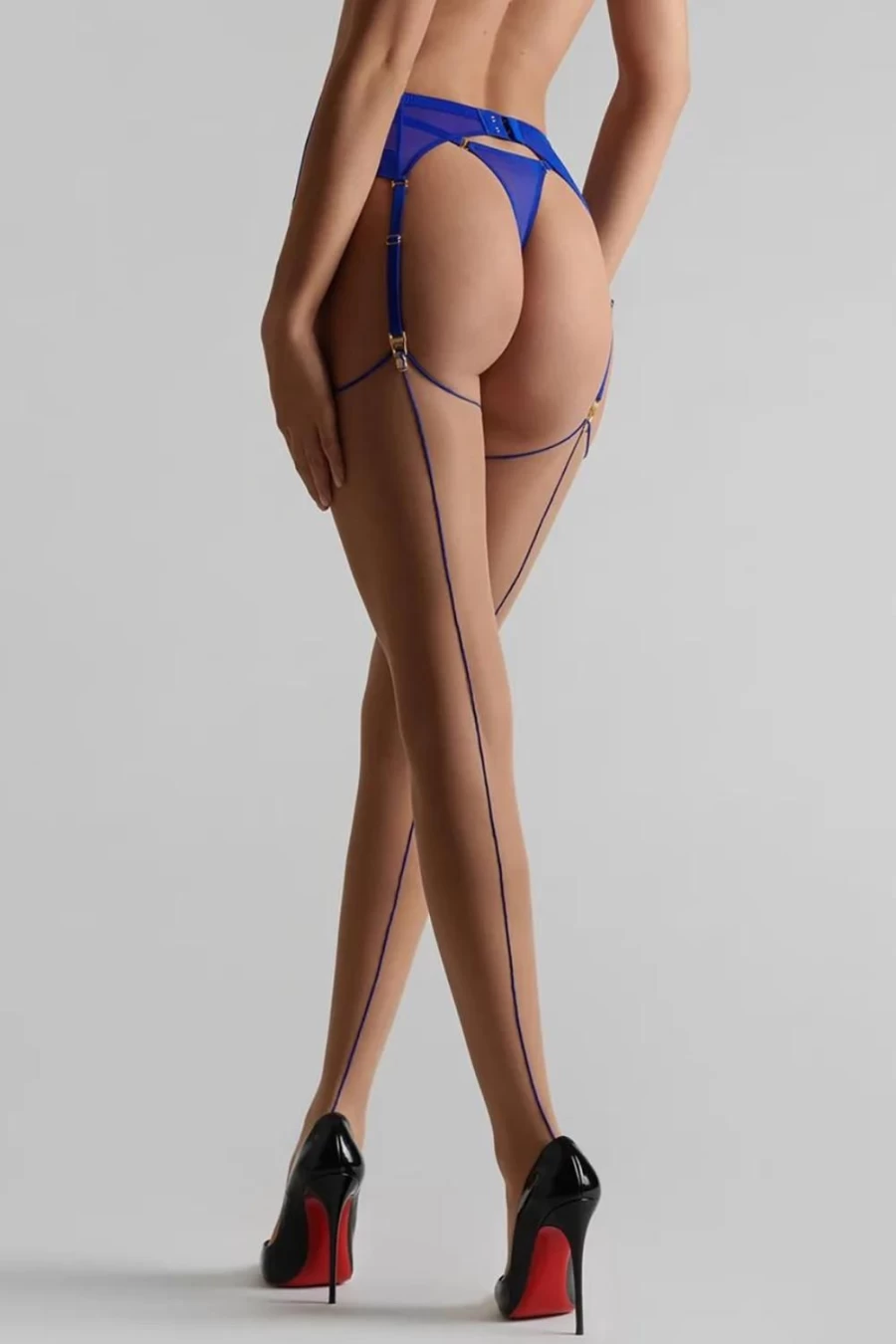 Maison Close Cut & Curled Seamed Stockings in Nude & Blue - Vintage Style Luxury Hosiery