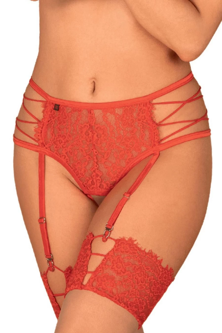 Obsessive Red Lace Crotchless Suspender Thong with Garter Straps