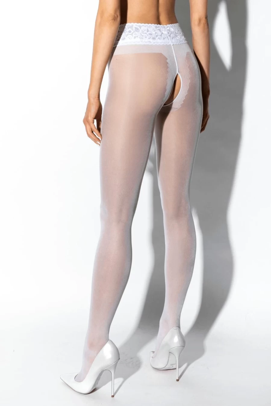 Amour White 30 Denier Crotchless Lace Tights - Sensual Sheer Hosiery